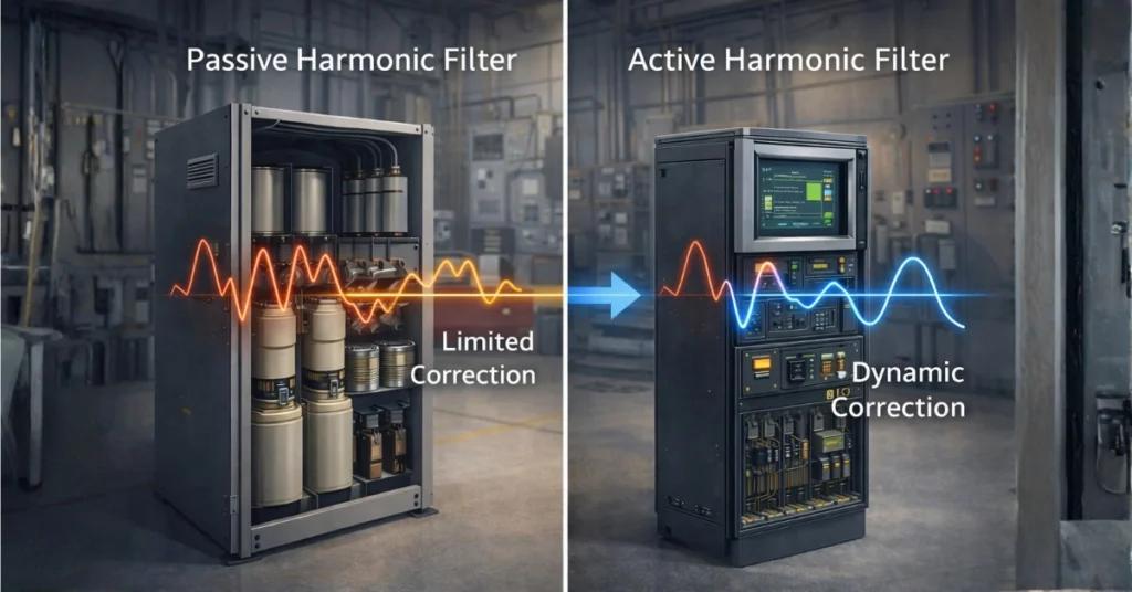 Passive vs active harmonic filter comparison showing limited and dynamic correction of harmonics in electrical systems