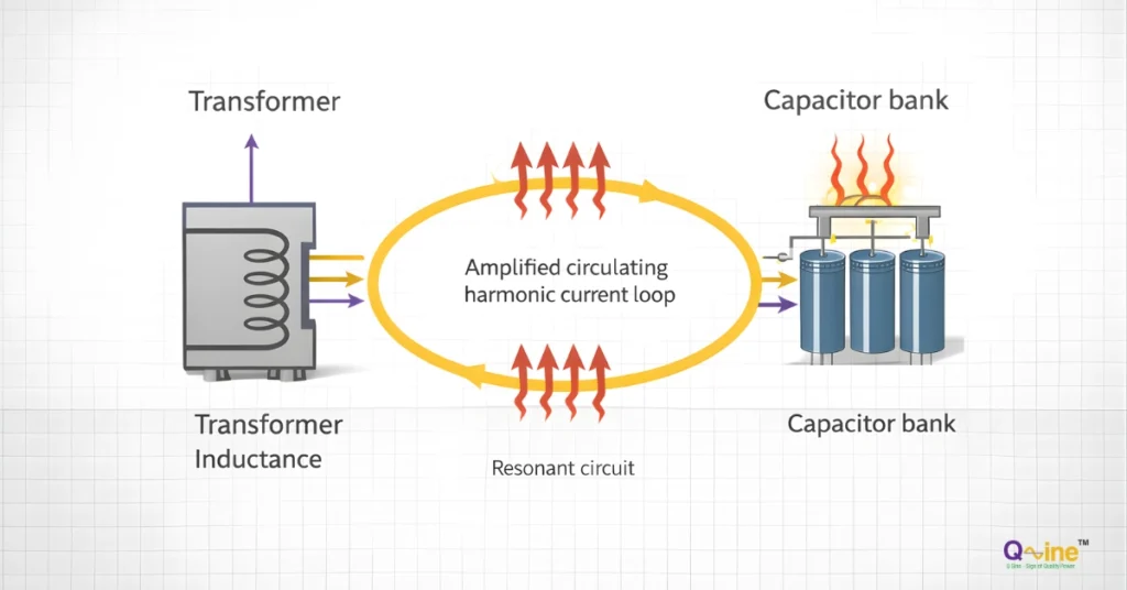 Diagram showing harmonic resonance caused by power factor capacitors interacting with transformer inductance