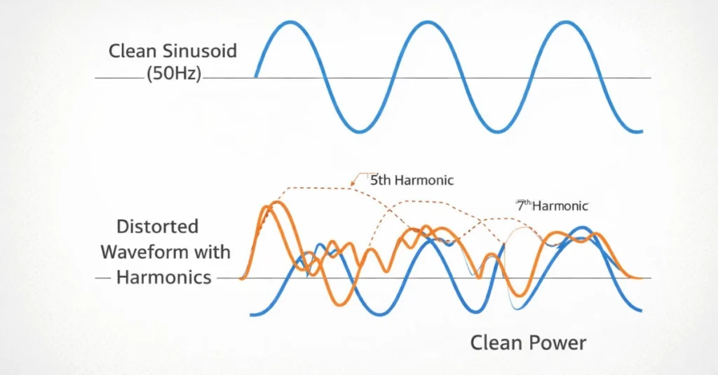 Clean sinusoidal waveform and distorted waveform with 5th and 7th harmonics in power system