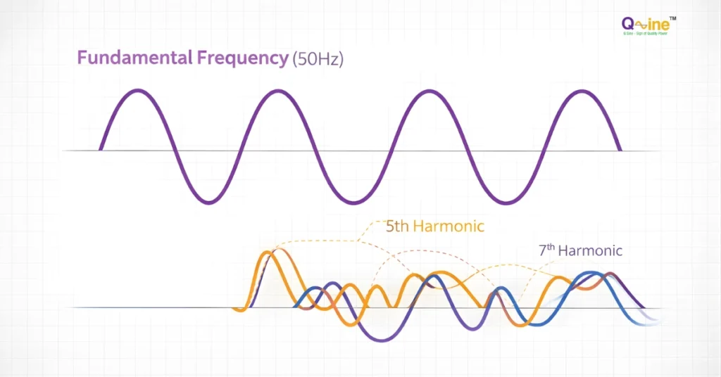 Comparison of a clean sinusoidal waveform and a distorted waveform containing 5th and 7th harmonic frequencies