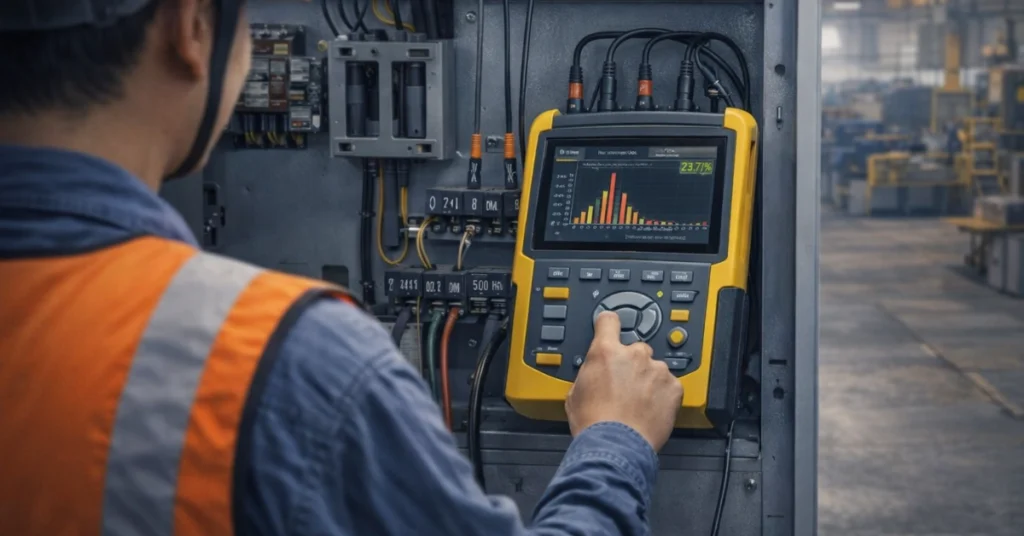 Industrial power quality audit measuring harmonics in electrical systems using a power quality analyzer