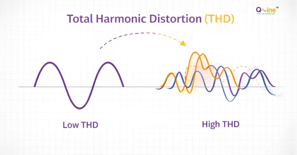 Illustration explaining total harmonic distortion by comparing clean and distorted electrical waveforms