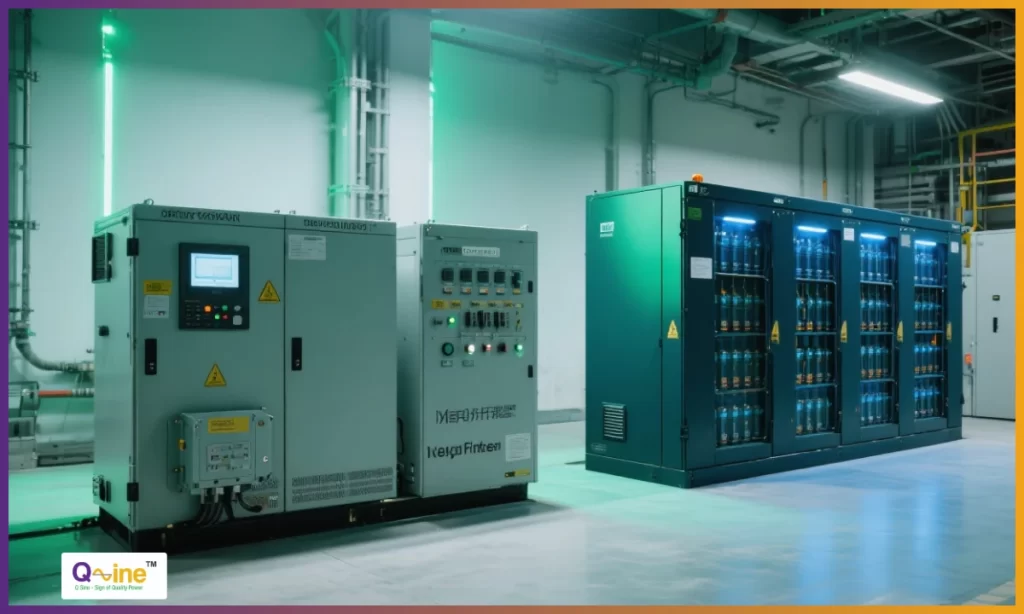 Industrial power quality solution with static VAR generator, hybrid filter, and battery storage equipment.