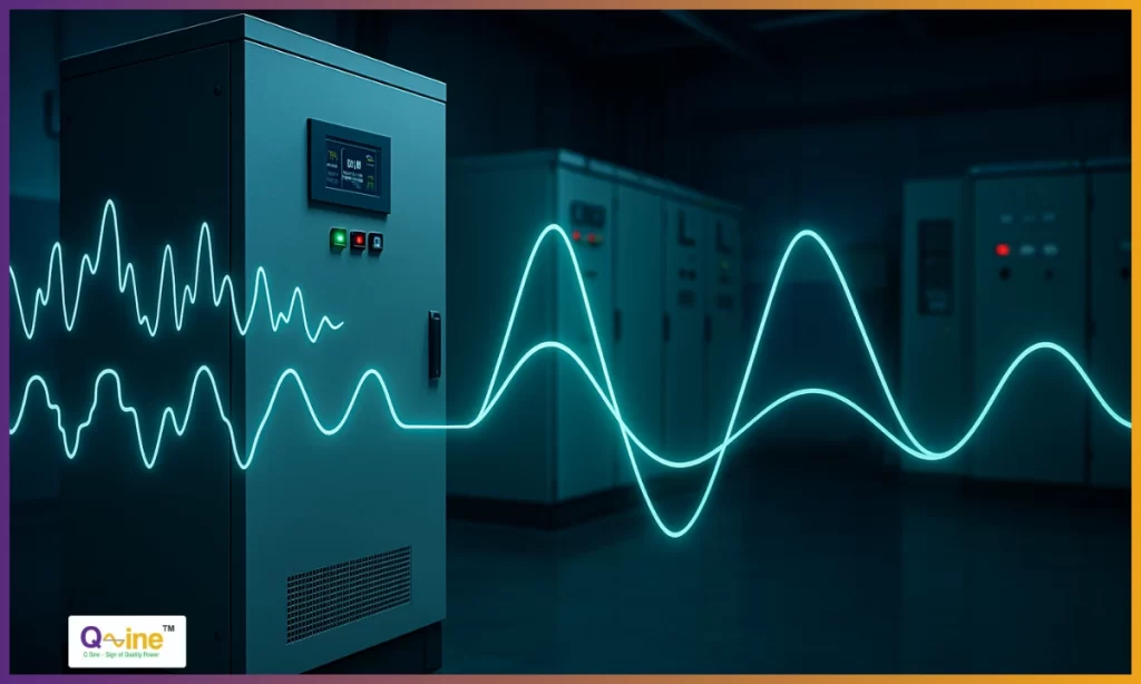 Industrial power electronics cabinet filtering AC waveform harmonics to clean the power quality.