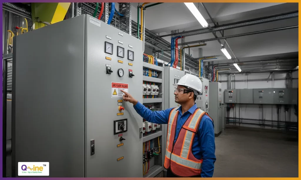 A plant engineer in an industrial facility examining an electrical panel with a clear warning label about arc flash hazards.