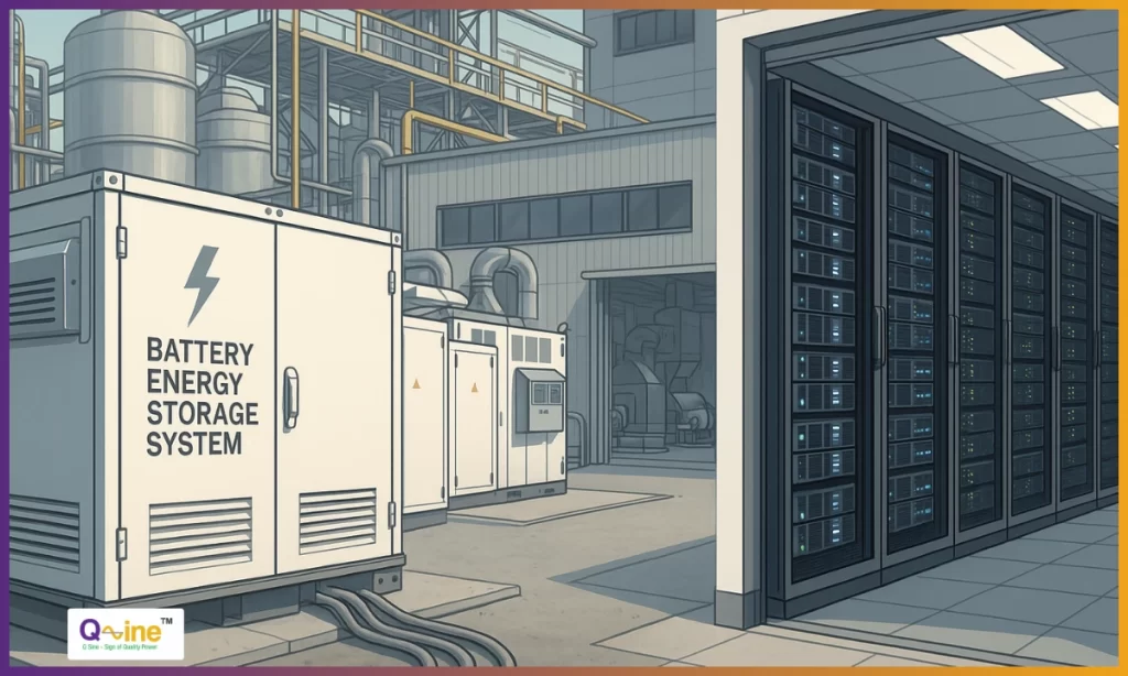 Battery Energy Storage System installed at an industrial facility alongside a data center, representing cost savings in energy-intensive operations.