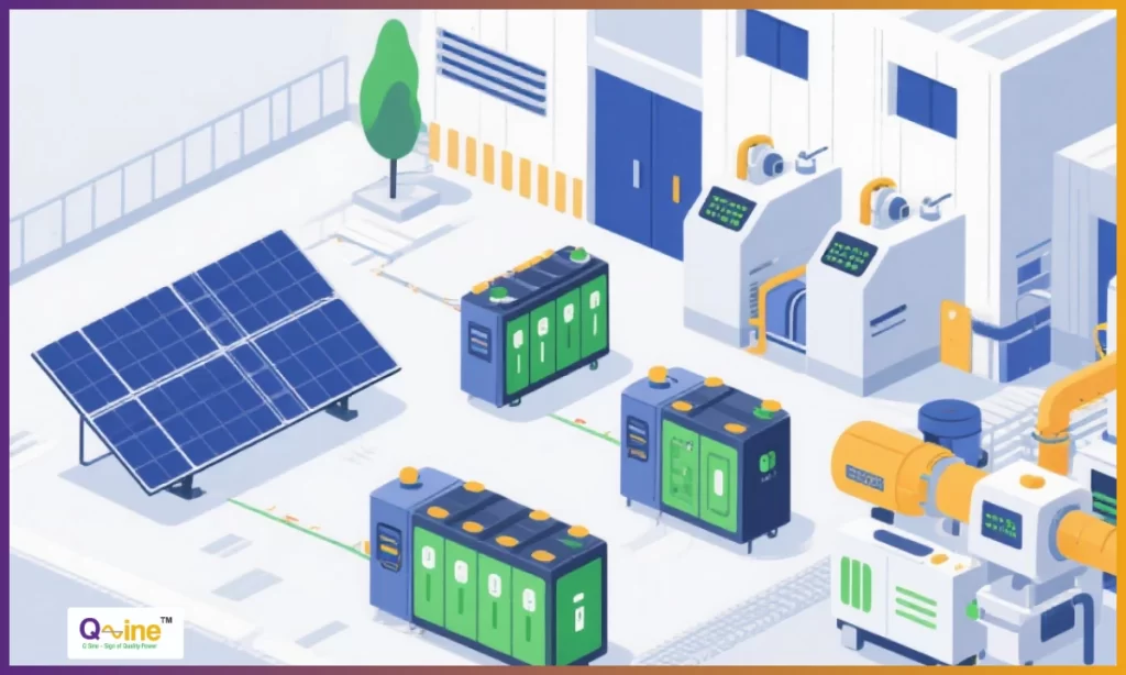 Integrated energy solutions for industrial applications featuring solar panels, battery storage, and industrial equipment