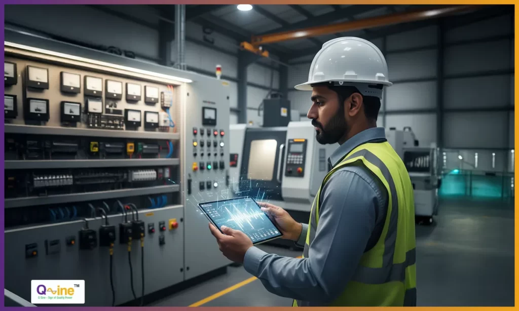 An Indian engineer in a safety helmet holding a digital tablet with a schematic of electrical components, standing in a clean, brightly lit industrial facility.