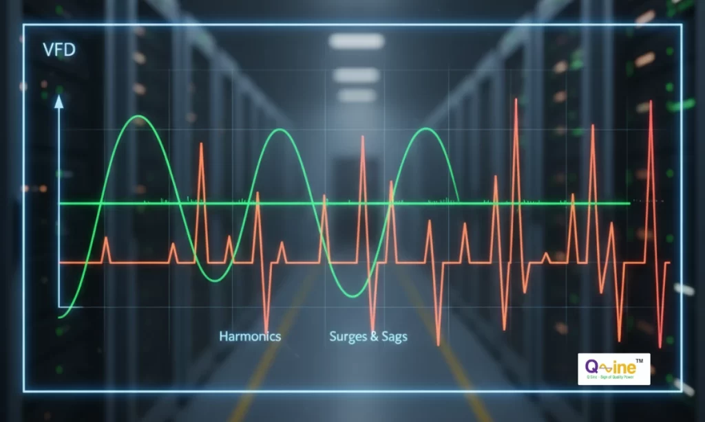 Visual analysis of distorted electrical waveforms (harmonics, sags, and surges) on a digital screen in an Indian industrial facility control room.