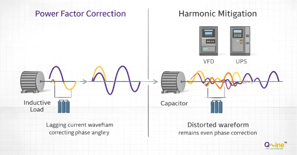 Illustration showing the difference between power factor correction and harmonic mitigation in industrial electrical systems