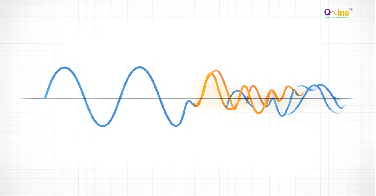 Illustration explaining harmonics in electrical systems showing fundamental frequency and waveform distortion caused by harmonics
