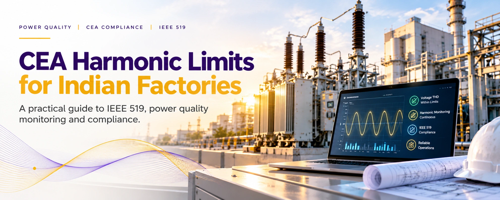 CEA harmonic limits banner for Indian factories: IEEE 519 compliance and power quality monitoring, 33 kV threshold, 3% voltage unbalance limit